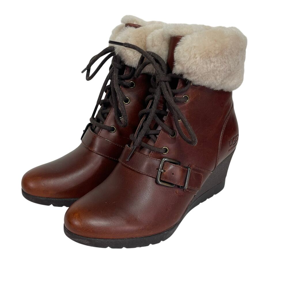 UGG Women’s Janney Brown Leather Waterproof Wedge Boot size 7